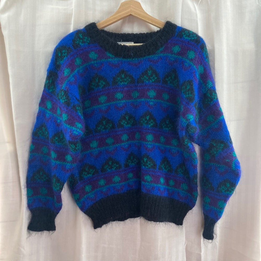Gallagher Womens Knit Sweater Blue‎ Purple Teal Geometric Pattern Long Sleeve